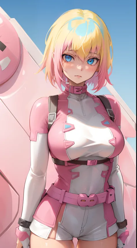 gwenpool, 1girl, blonde hair, multicolored hair, solo, blue eyes, short hair, gradient hair, belt, two-tone hair, pink hair, breasts.