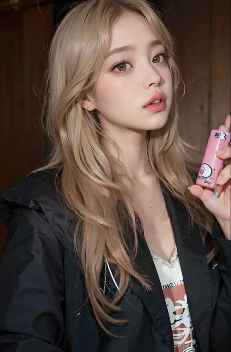 Blonde woman with long hair holding a pink lip and pink lipstick, Parque Roseanne de Blackpink, Lalisa Manobal, Lalisa Manoban de Blackpink, Hermosa Delphine, Jossi de Blackpink, maquillaje popular de Corea del Sur, Cl, Blackpink Jennie, Una chica con cabe...