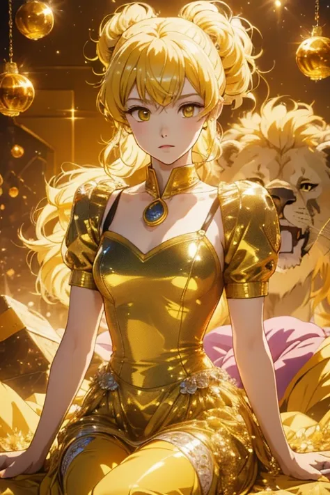 anime style; 3d; glitter; horoscope sign leo; color yellow; lion details; ♌ symbol; citrine stone;