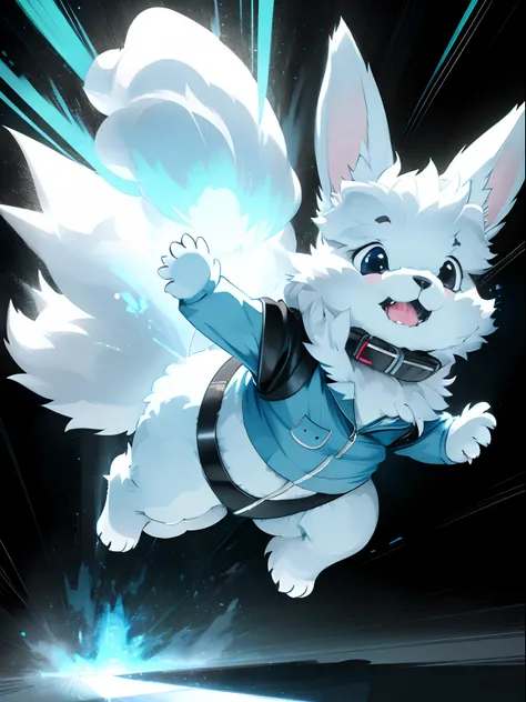 pitch black background,a light blue but fluffy dog-like creature,running around energetically,happily bouncing around and playin...