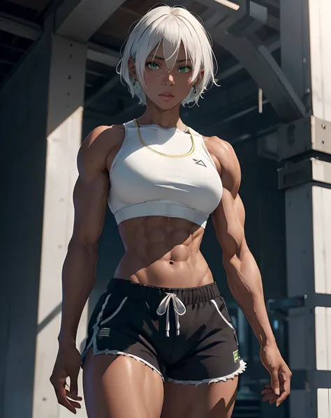 masterpiece, best quality, highres, 1 young woman, solo, ,bangs,white hair,short hair, shining green eyes, (dark brown skin:1.3),perfect muscular body,firm muscle,abs:1.2,standing tall, furious expression, medium breast,(crop top, plain clothes:1.3),(short...