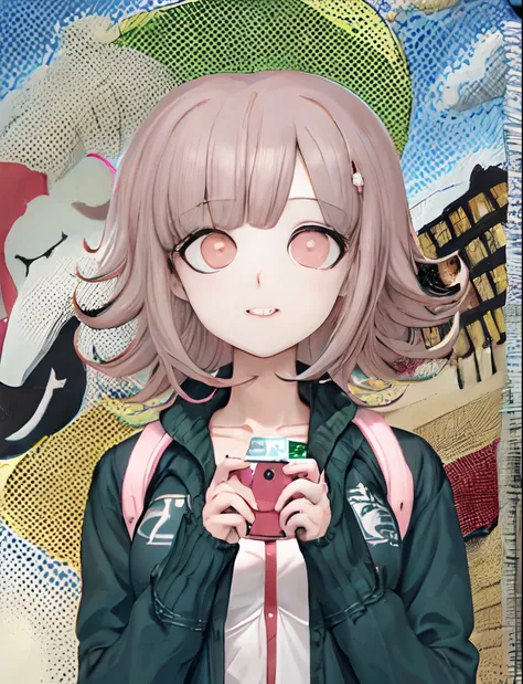 chica anime con cabello rosa y sudadera con capucha de chaqueta verde azulado oscuro de pie frente a una playa, 8k, Chiaki nanami holding a handheld game console, sonrisa suave, ojos rosados