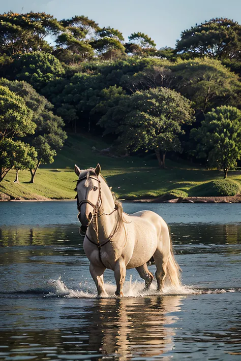 um cavalo branco em um lago