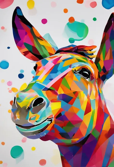 grafismo, diverse and playful geometric figures, Rainbow, romero britto, a donkey, donkey, donkey, donkey from the northeastern Brazilian hinterland, jumentinho head, juba bem detalhada ((fundo branco)), olhos penetrantes, jumento colorido e alegre, abstra...