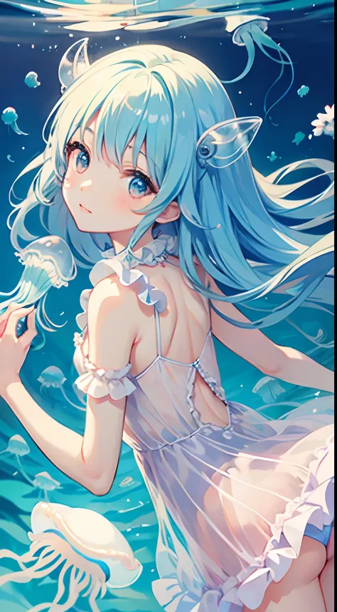 Pretty girl yes,flat chest,kawaii,(Jellyfish girl:1.2), arms behind back,under the water,frilly dress,