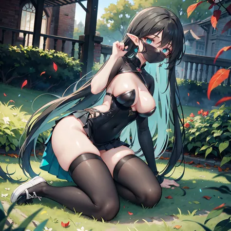 Realistic and detailed image of an elf. with a ninja costume with pleated miniskirt. stockings to mid-thigh. Sportwear sneakers. Unusually shiny long silky black hair combed to the right side. turquoise eyes. She has earrings and long eyelashes. Large brea...