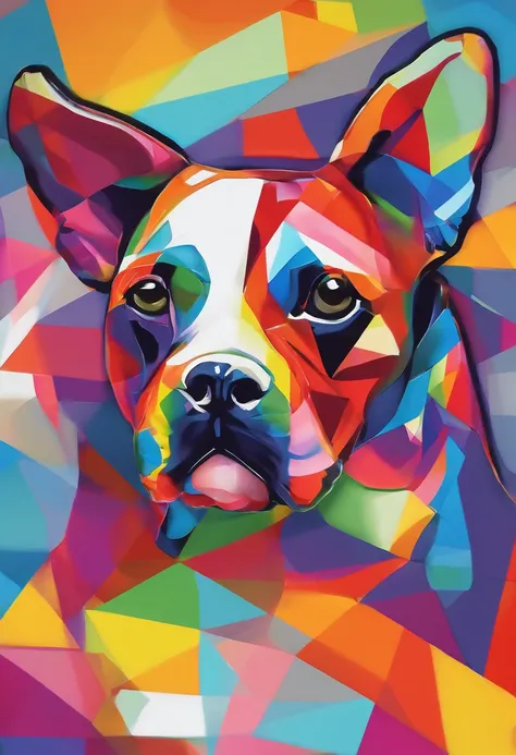 grafismo, diverse and playful geometric figures, Rainbow, romero britto, cachorro bull dog head, juba bem detalhada ((fundo branco)), olhos penetrantes, cachorro colorido, abstrato, epic instagram, art-station, toque de estilo splash de tinta colorida+, co...