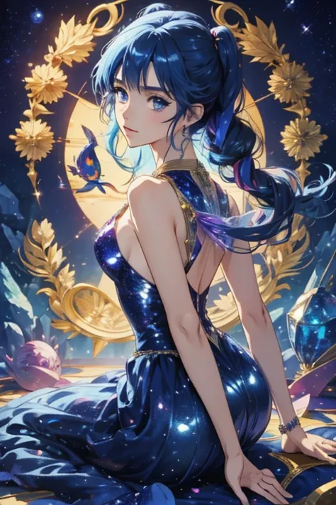 anime style; 3d; glitter; horoscope sign pisces ; color dark blue; fish details; ♓ symbol; lapis lazuli stone;