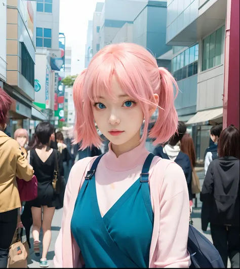 anime girl with pink hair and blue eyes in a crowded street, haruno sakura, pink twintail hair and cyan eyes, anime girl named lucy, anime moe artstyle, portrait of a female anime hero, official anime still, todays featured anime still, best anime 4k konac...