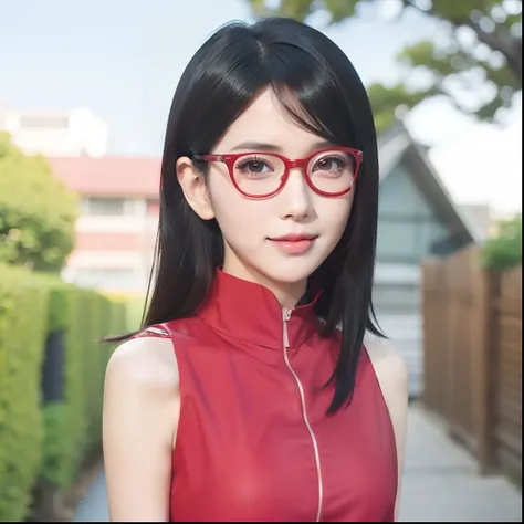 1girl, sarada uchiha in anime boruto, short hair, black hair, red eyes, smile, beautiful, sexy dress, sexy clothes, red clothes, wear red glasses, very big breast, realistic clothes, detail clothes, outdoor background, ultra detail, realistic