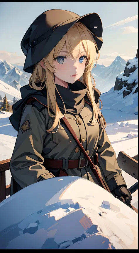 trench warfare, WW1, {{2 girls}}, blond, in snow mountain, fjord, ushanka, winter coat, BDU, 1 girl holding civil engineering shovel, (best quality, perfect quality), high resolution, looking afar