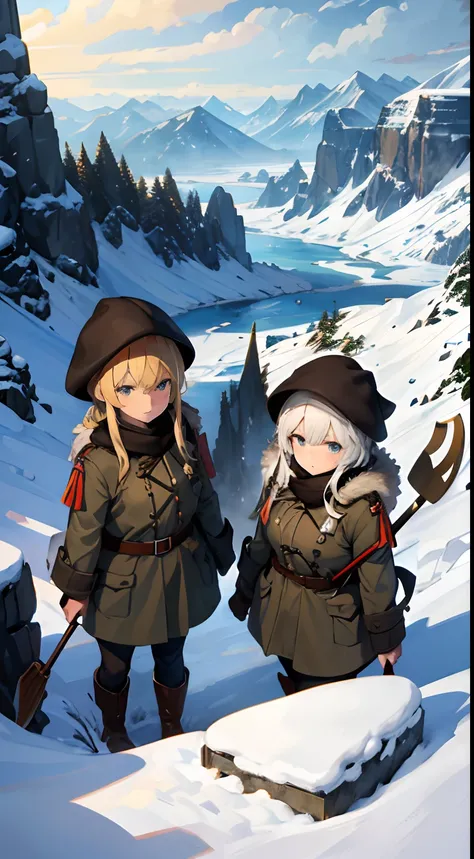 trench warfare, WW1, {{2 girls}}, blond, in snow mountain, fjord, ushanka, winter coat, BDU, 1 girl holding civil engineering shovel, (best quality, perfect quality), high resolution, looking afar