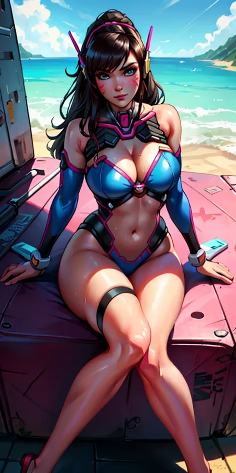 D.va overwatch style, d.va, Beautiful woman, mercenary, heroic, , sitting cross-legged, wet beachwear, long breasts, detailed realistic cyberpunk style, black hair, masterpiece, extreme quality, perfect eyes, perfect body, perfect face, cinematic light, di...