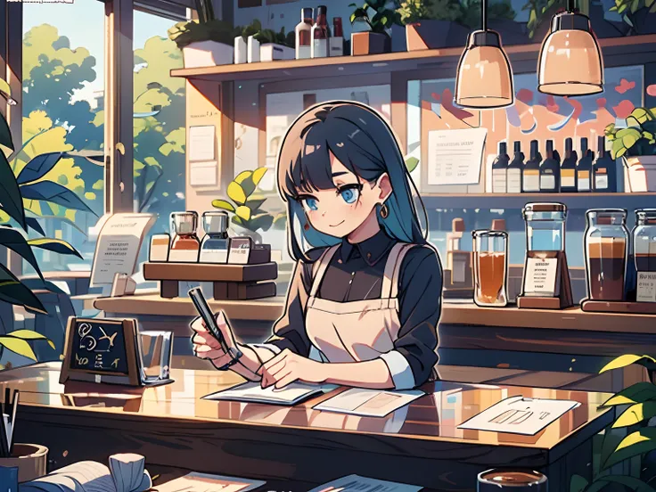 1girl, adult, dark blue hair, messy hair, medium size hair, light blue eyes, black shirt, black jeans, beige apron, working, bartender, waitress, making coffee, cafe bar, concentration, looking away, happy, cozy, chill, illustration, masterpiece, ghibli, p...