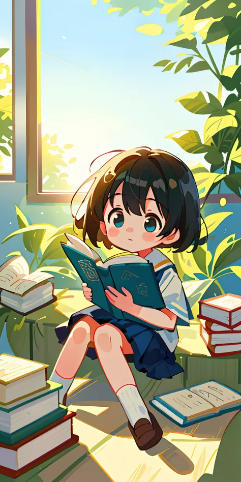 high detal、hyper-detailing、8K、Super high resolution A cute and innocent girl，Gamine，Toddlers，Q version，Many children discuss textbook issues together，Hold a textbook，In school classes，warm sun sprinkling on her，，Added a playful vibe，Surrounded by books