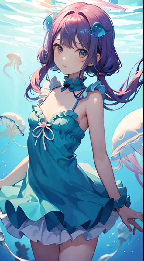 Pretty girl,flat chest,kawaii,(Jellyfish girl:1.2), arms behind back,under the water,frilly dress,