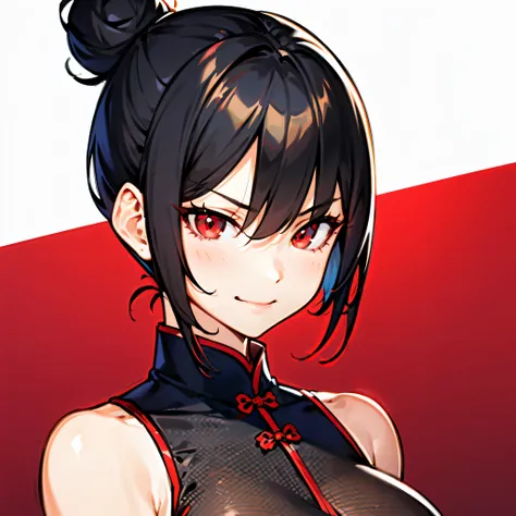 1girl, short black hair in a bun, red eyes, medium breast, black cheongsam dress, smirk, solo, best quality, masterpiece, portrait, simple background, looking at the camera, from the front, 1result, vibrant, detailed, perfect anatomy, detailed art, high de...