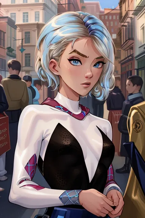 (masterpiece, best quality),  intricate details,
1girl,  gwen stacy, blonde hair , blue hair , short hair, animification ,eyebrow piercing
 3DMM,