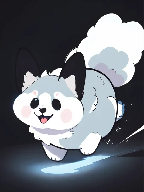 Pitch black background,A light blue but fluffy dog-like creature,Run around energetically,Bounce around and play happily,a Dog,lapin