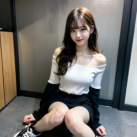 hight resolution,masutepiece,Best Quality,Extremely detailed, hyper realisitic, girl with,sitting, hair wavy, a smile, black pleats skirt,black shoes, white See-through shirt, off shoulder, 鎖骨, Very beautiful,cute, 8K Wallpaper, Fine detail, Very detailed ...