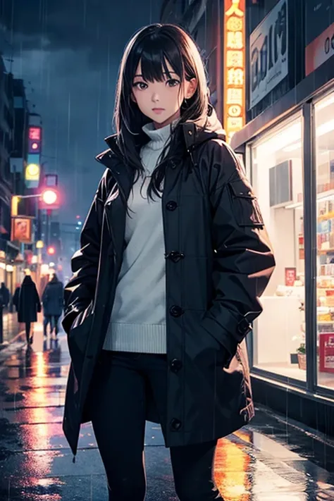 1girl, Night City, rain, coat, hands in pockets