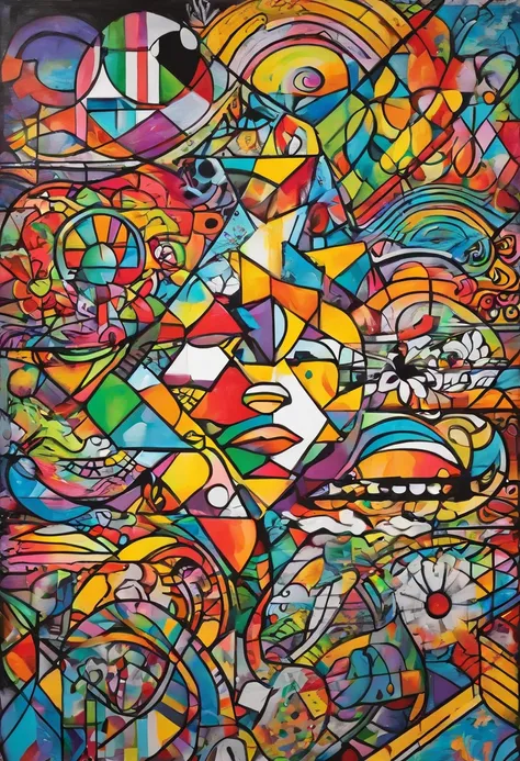 grafismo, diverse and playful geometric figures, Rainbow, romero britto, uma floresta, animais head, juba bem detalhada ((fundo branco)), olhos penetrantes, animais selvagens colorida e alegre, Art Watercolor Painting Oil Paint, abstrato, epic instagram, a...