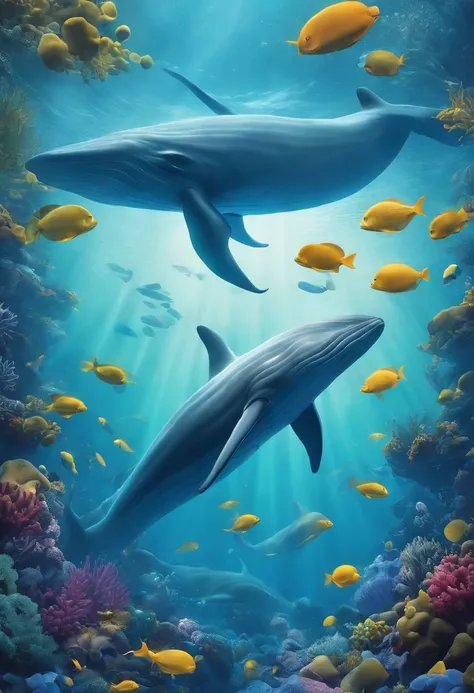 In the deep sea，Tiny divers look at giant blue whales，mistic，Optimal image quality，Schools of small fish，Plants，dream magical，Sense of oppression