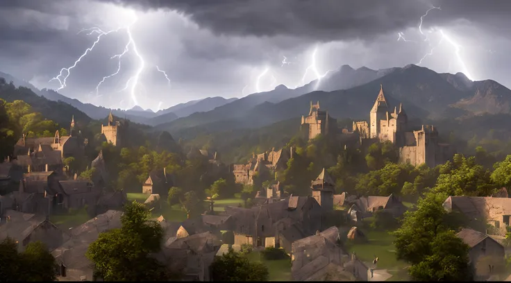 Fantasy medieval castle storm coming in mountains, dark clouds overhead, dark, lightning striking distant mountains, small village under large castle, black humanoid flying spirits in the air