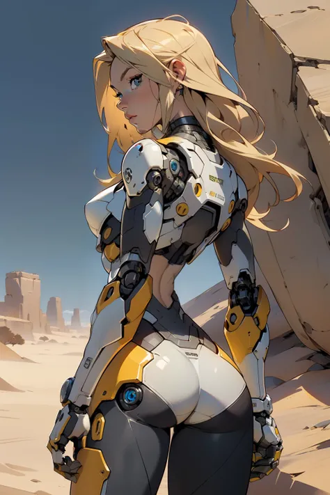 high quality, 4k, masterpiece, beautiful, cyborg girl, cowboy shot, dull eyes, back side, turning around to look at viewer, long blonde hair, girl, small breasts, fit thigh, robotic arms, robotic body, cyborg body, yellow accent, redaccent, intricate detai...