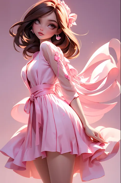 create a series a woman in stunning pink fushia dress with ribbons in pink october theme, faixa rosa, long flowing dress, with s...