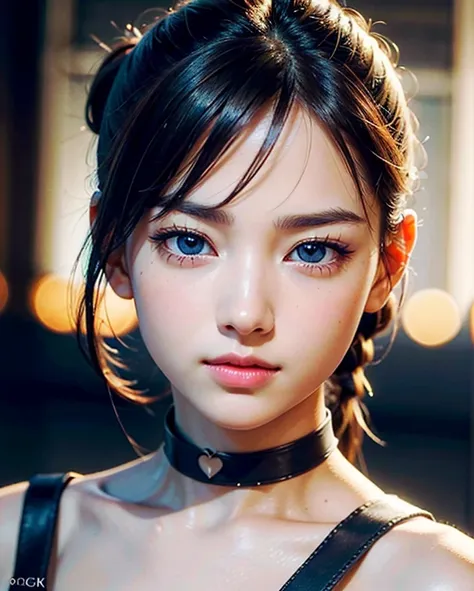 1girl , Wrapped ponytail haircut, Petrol choker,bright,
(realistic, photo-realistic:1.37),(8k, RAW photo, best quality, masterpiece:1.2), cute, ultra-detailed,heart-shaped pupils,physically-based rendering, ultra high res, looking at viewer,photorealistic,...