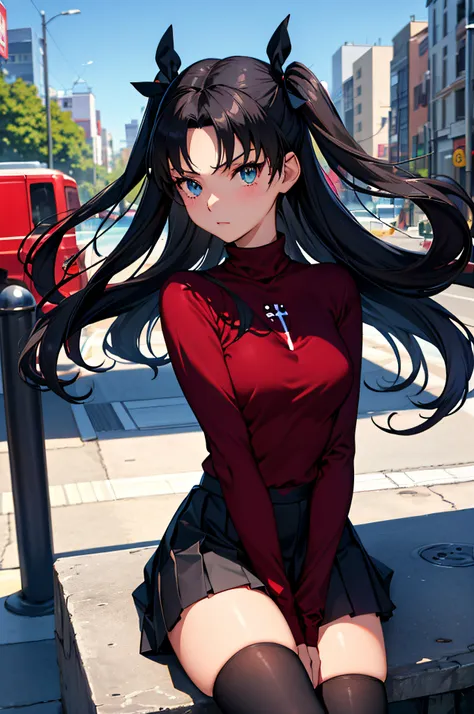 (masterpiece), best quality, expressive eyes, perfect face, 1girl, solo, rintohsaka, rin tohsaka, aqua eyes, black hair, hair ribbon, long hair, ribbon, sidelocks, two side up, black skirt, black thighhighs, long sleeves, miniskirt, pleated skirt, ((red sw...