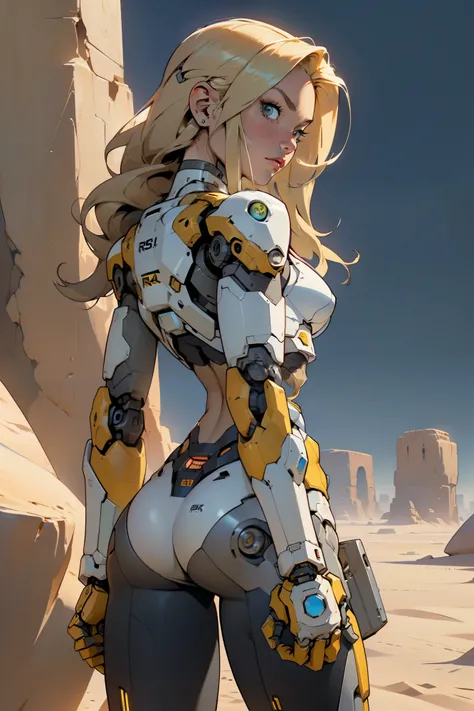 high quality, 4k, masterpiece, beautiful, cyborg girl, cowboy shot, dull eyes, back side, turning around to look at viewer, long blonde hair, girl, small breasts, fit thigh, robotic arms, robotic body, cyborg body, yellow accent, redaccent, intricate detai...