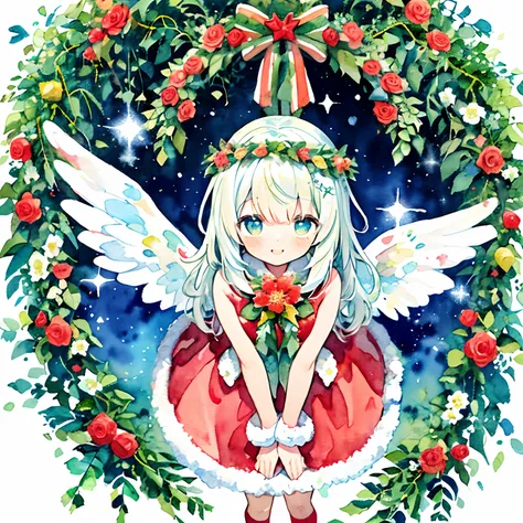 1girl in、（Wear red and green fairy wings：1.5）、masutepiece, Best Quality, Extremely detailed, Anime, Christmas Colors、Holly、Flower Arrangement Wreath Background、A smile、、 Dress, knee sox, Lace, Christmas Colors：1.1、Holly、Flower Arrangement Wreath Background...