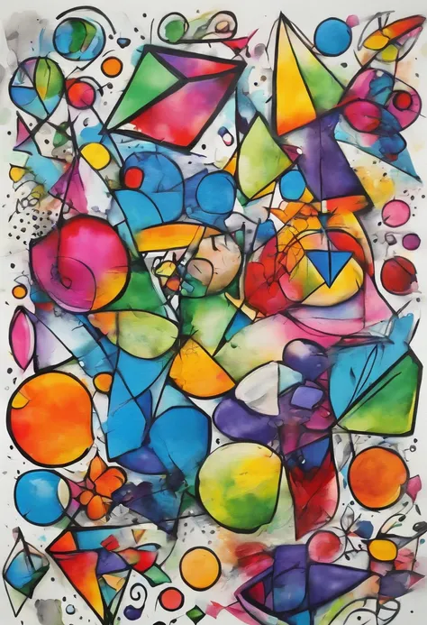 grafismo, diverse and playful geometric figures, Rainbow, romero britto, The thought slipping through your fingers and the confusion of memory ((fundo branco e preto)), contrastes exacerbados, olhos penetrantes, colorida e alegre, Dull and sad, Art Waterco...