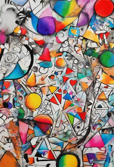 grafismo, diverse and playful geometric figures, Rainbow, romero britto, The thought slipping through your fingers and the confusion of memory ((fundo branco e preto)), contrastes exacerbados, olhos penetrantes, colorida e alegre, Dull and sad, Art Waterco...