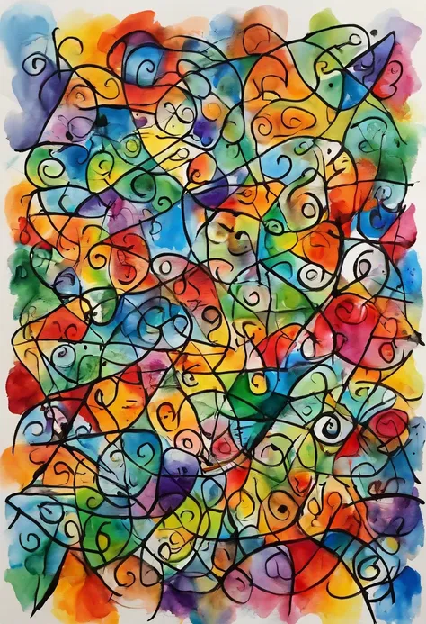 grafismo, diverse and playful geometric figures, Rainbow, romero britto, The thought slipping through your fingers and the confusion of memory ((fundo branco e preto)), contrastes exacerbados, olhos penetrantes, colorida e alegre, Dull and sad, Art Waterco...