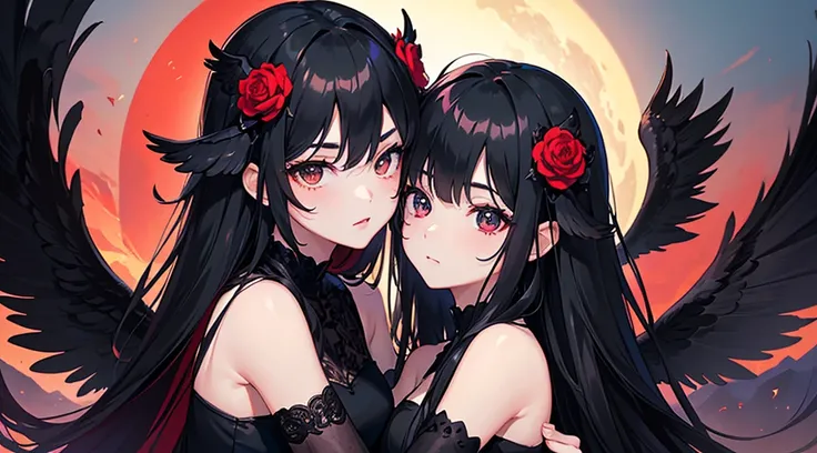 (top quality), (masterpiece), (perfect face), (ultra-detailed), (2girls, black hair, long hair, black eyes, black dress, black wings, cute, kawaii), (red moon, black flower field, hug)