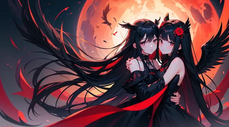 (top quality), (masterpiece), (perfect face), (ultra-detailed), (2girls, black hair, long hair, black eyes, black dress, black wings, cute, kawaii), (red moon, black flower field, hug)