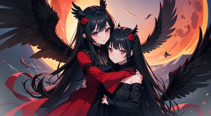 (top quality), (masterpiece), (perfect face), (ultra-detailed), (2girls, black hair, long hair, black eyes, black dress, black wings, cute, kawaii), (red moon, black flower field, hug)