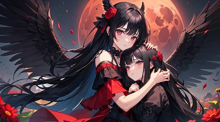 (top quality), (masterpiece), (perfect face), (ultra-detailed), (2girls, black hair, long hair, black eyes, black dress, black wings, cute, kawaii), (red moon, black flower field, hug)