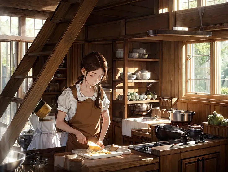 ((Masterpiece, Best quality)), 1 woman, long whitr hair,Tie a ponytail，eye closeds，With his head bowed，Chopping vegetables with a kitchen knife in hand,8K, Masterpiece,Detailed background, illusory engine, Global illumination,  (((Brown apron))), Sunny wea...