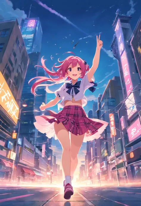 (((Best quality))), 1girll, Pink hair, Purple inner hair, Kirara jumps, Smile, double tails, Pink miniskirt, short- sleeved, Red plaid dress, Corset, zettai ryouiki, Pointing to her bow, offcial art