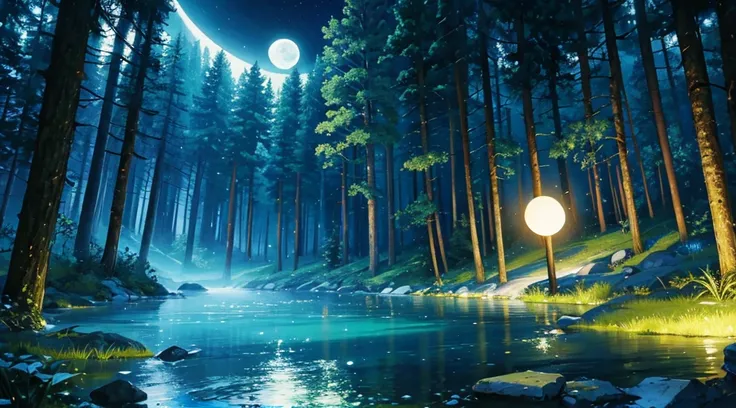 fantastic night forest, moon, clear water