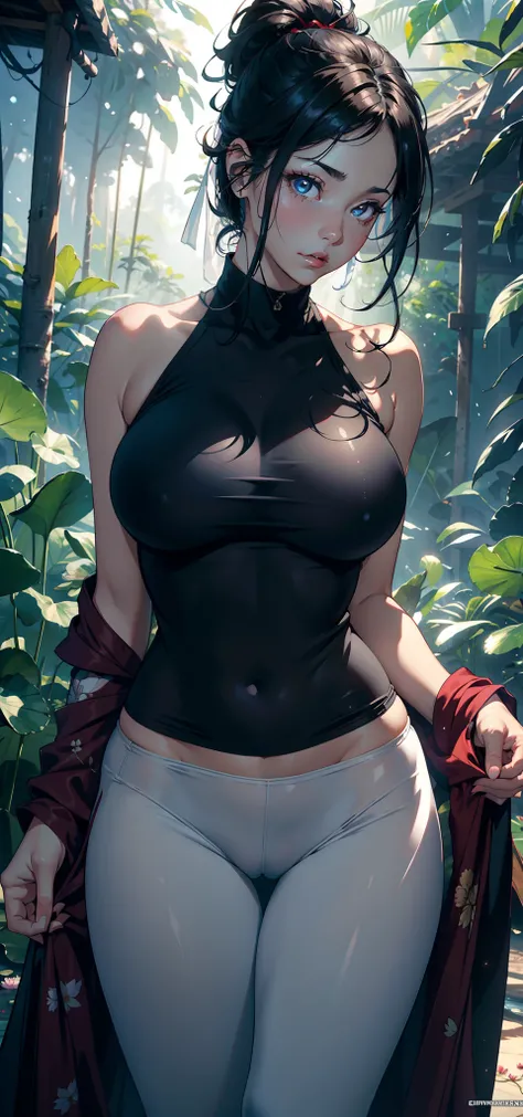 1female，45 yers old，plumw，extremely large bosom， A MILF，Married Woman，独奏，（Background with：the rainforest，lotus flower，Ground area water） She has very short black hair，bobo head，Stand deep in the forest，seen from the front， hair straight， mostly cloudy sky，...