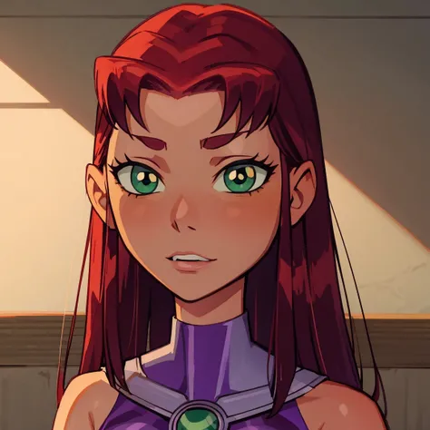 Starfire, dark green eyes, reddish hair, green pupils