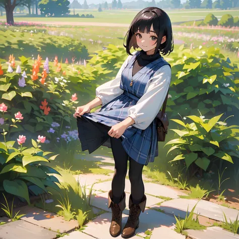 (High quality, High resolution, Ultra-detailed, Realistic:1.37), peaceful ambiance, (plein air, garden), Teenage girl standing alone, Beautiful detailed features, Cute smile, (Black bob hair), Rib Sweater, blue plaid skirt, Black tights, Brown boots.