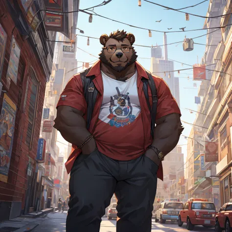 solo, anthro, bear, black beard, chubby, (cool posing:1.1025), casual outfit, brown eyes, hipster glasses, 5 fingers, daylight , big city background, 4k, high resolution, banner