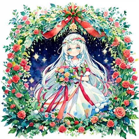 1girl in、（wear red and green fairy wings：1.5）、masutepiece, best quality, extremely detailed, anime, christmas colors、holly、flowe...