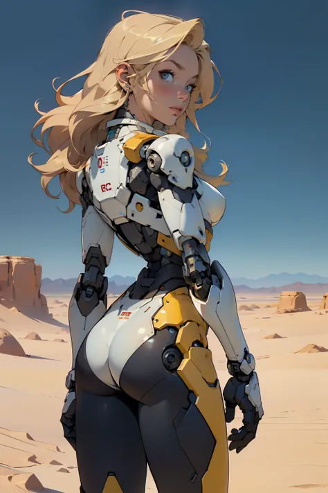 high quality, 4k, masterpiece, beautiful, cyborg girl, cowboy shot, dull eyes, back side, turning around to look at viewer, long blonde hair, girl, small breasts, fit thigh, robotic arms, robotic body, cyborg body, yellow accent, red accent, intricate deta...